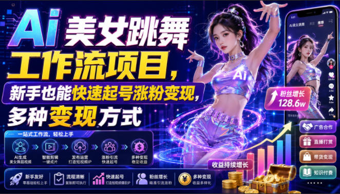 Ai美女跳舞工作流项目,新手也能快速起号涨粉变现,多种变现方式-聚业