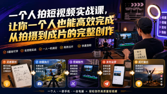 一个人拍短视频实战课,让你一个人也能高效完成从拍摄到成片的完整创作-聚业