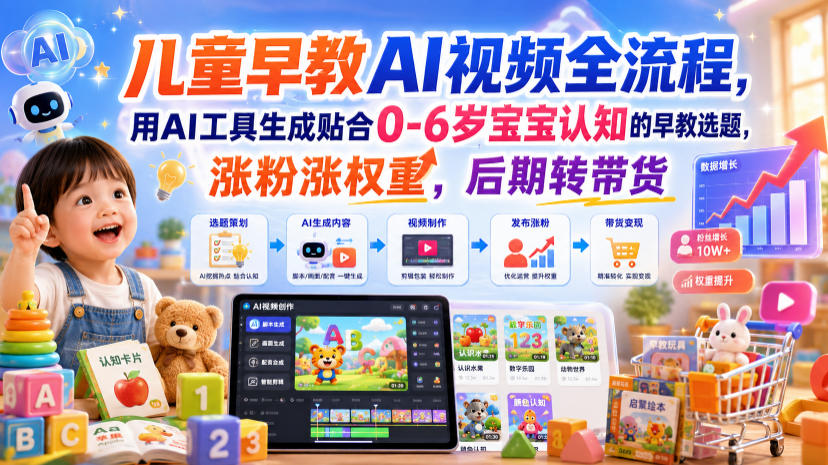 儿童早教AI视频全流程,用AI工具生成贴合0-6岁宝宝认知的早教选题,涨粉涨权重,后期转带货-聚业