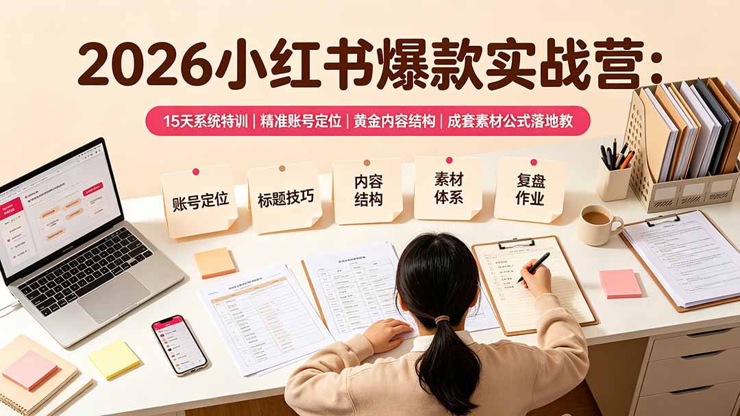 2026小红书爆款实战营:15天系统特训|精准账号定位|黄金内容结构|成套素材公式落地教程-聚业