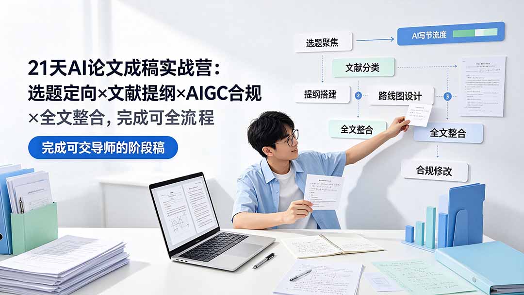 21天AI论文成稿实战营:选题定向×文献提纲×AIGC合规×全文整合,完成可交导师的阶段稿-聚业