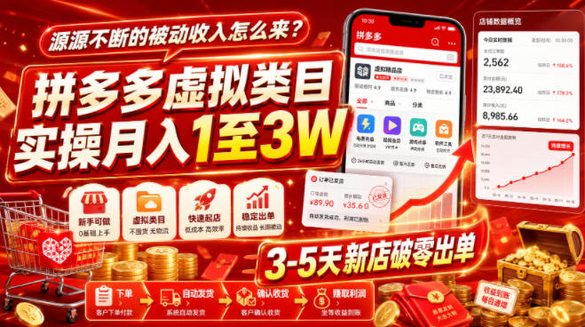 源源不断的被动收入怎么来?拼多多虚拟类目实操月入1至3W,3-5天新店破零出单-聚业
