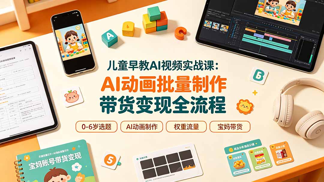 儿童早教AI视频实战课:0-6岁认知选题|AI动画批量制作|权重流量拉升|宝妈账号带货变现全流程-聚业