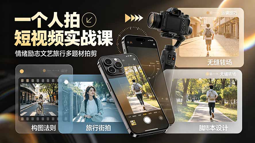 一个人拍短视频实战课:情绪励志文艺旅行多题材×五大景别×黄金构图×八大运镜,从拍摄到成片高效创作-聚业