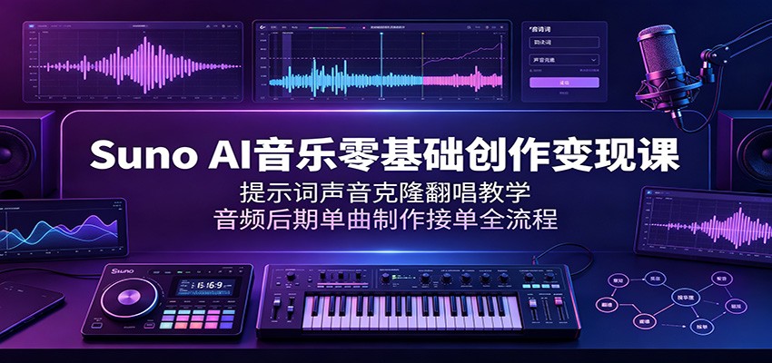 Suno AI音乐零基础创作变现课:提示词声音克隆翻唱教学,音频后期单曲制作接单全流程-聚业