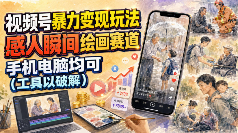 视频号暴力变现玩法,感人瞬间绘画赛道,手机电脑均可-聚业
