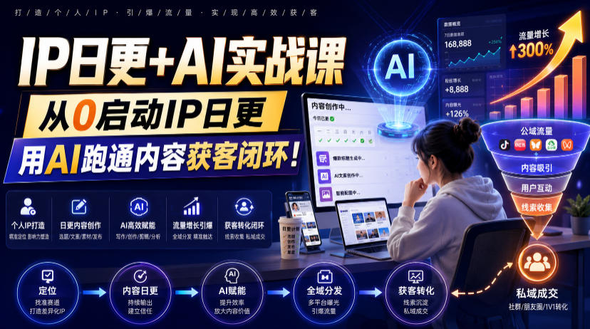 IP日更+AI实战课,从0启动IP日更,IP置顶视频制作+100条选题库搭建+10条日更规划,用AI跑通内容获客闭环!-聚业
