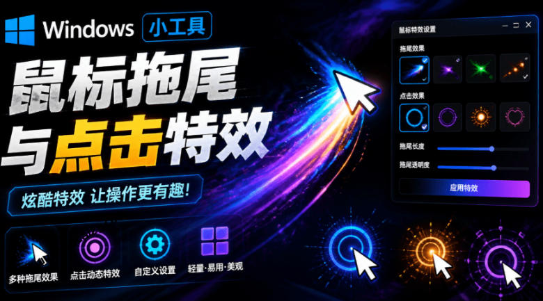 Windows特效小工具!一键给你的鼠标添加拖尾与点击动态特效,吾爱出品,免费使用Mouse Trail-聚业