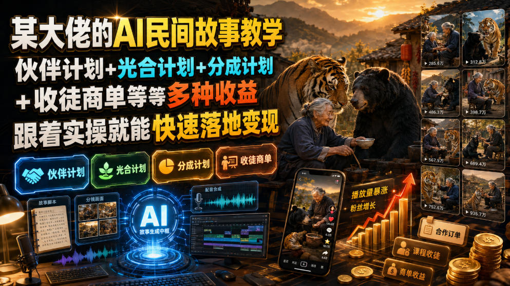 某大佬的AI民间故事教学,伙伴计划+光合计划+分成计划+收徒商单等多种收益,跟着实操就能快速落地变现-聚业