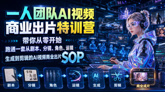 一人团队AI视频商业出片实战课:带你从零开始跑通一套从剧本、分镜、角色、运镜、生成到剪辑的AI视频商业出片SOP-聚业