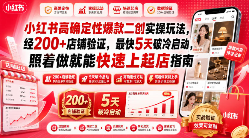 小红书高确定性爆款二创实操玩法,经200+店铺验证,最快5天破冷启动,照着做就能快速上起店指南-聚业