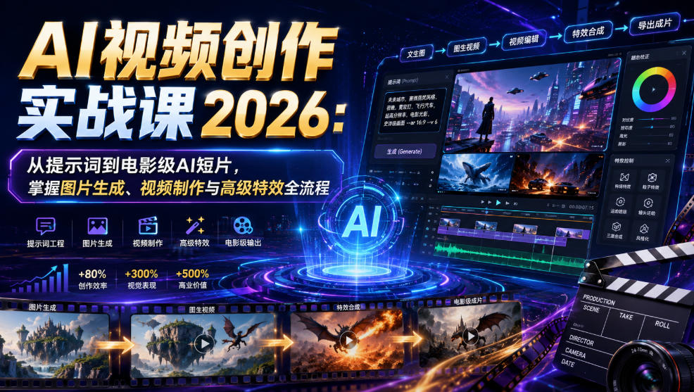 AI视频创作实战课2026:从提示词到电影级AI短片,掌握图片生成、视频制作与高级特效全流程-聚业