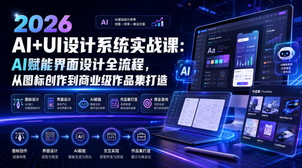 2026 AI+UI设计系统实战课:AI赋能界面设计全流程,从图标创作到商业级作品集打造-聚业
