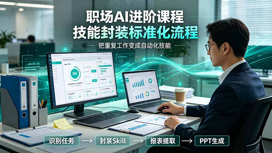职场AI进阶课程;多类实用Skill工具实操,专属技能封装标准化流程,报表行业报告一键提取核心内容-聚业