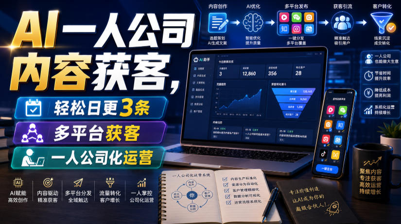 AI一人公司内容获客,轻松日更3条,多平台获客,一人公司化运营-聚业