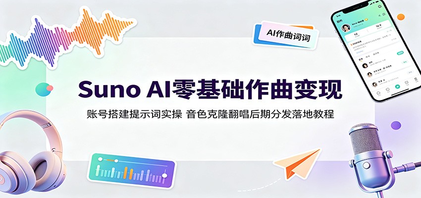 Suno AI零基础作曲变现:账号搭建提示词实操,音色克隆翻唱后期分发落地教程-聚业
