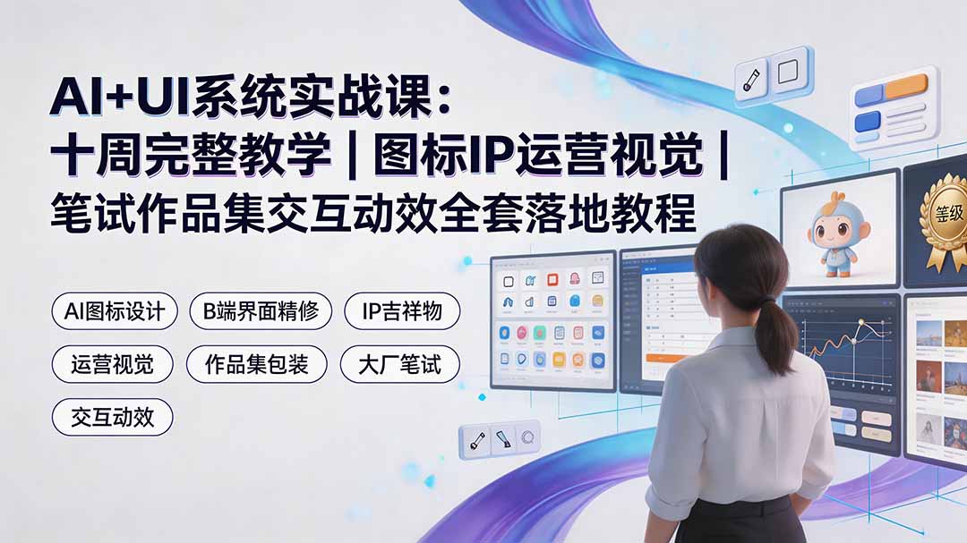 AI+UI系统实战课:十周完整教学|图标IP运营视觉|笔试作品集交互动效全套落地教程-聚业