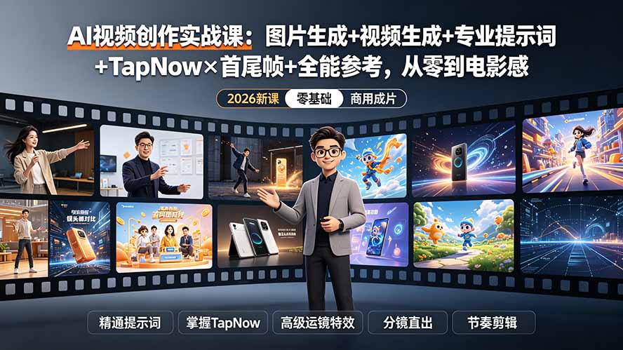 AI视频创作实战课:图片生成+视频生成+专业提示词+TapNow×首尾帧+全能参考,从零到电影感成片-聚业