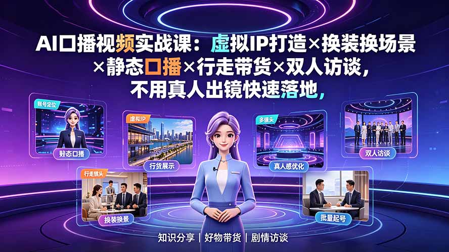 AI口播视频实战课:虚拟IP打造×换装换场景×静态口播×行走带货×双人访谈,不用真人出镜快速落地-聚业