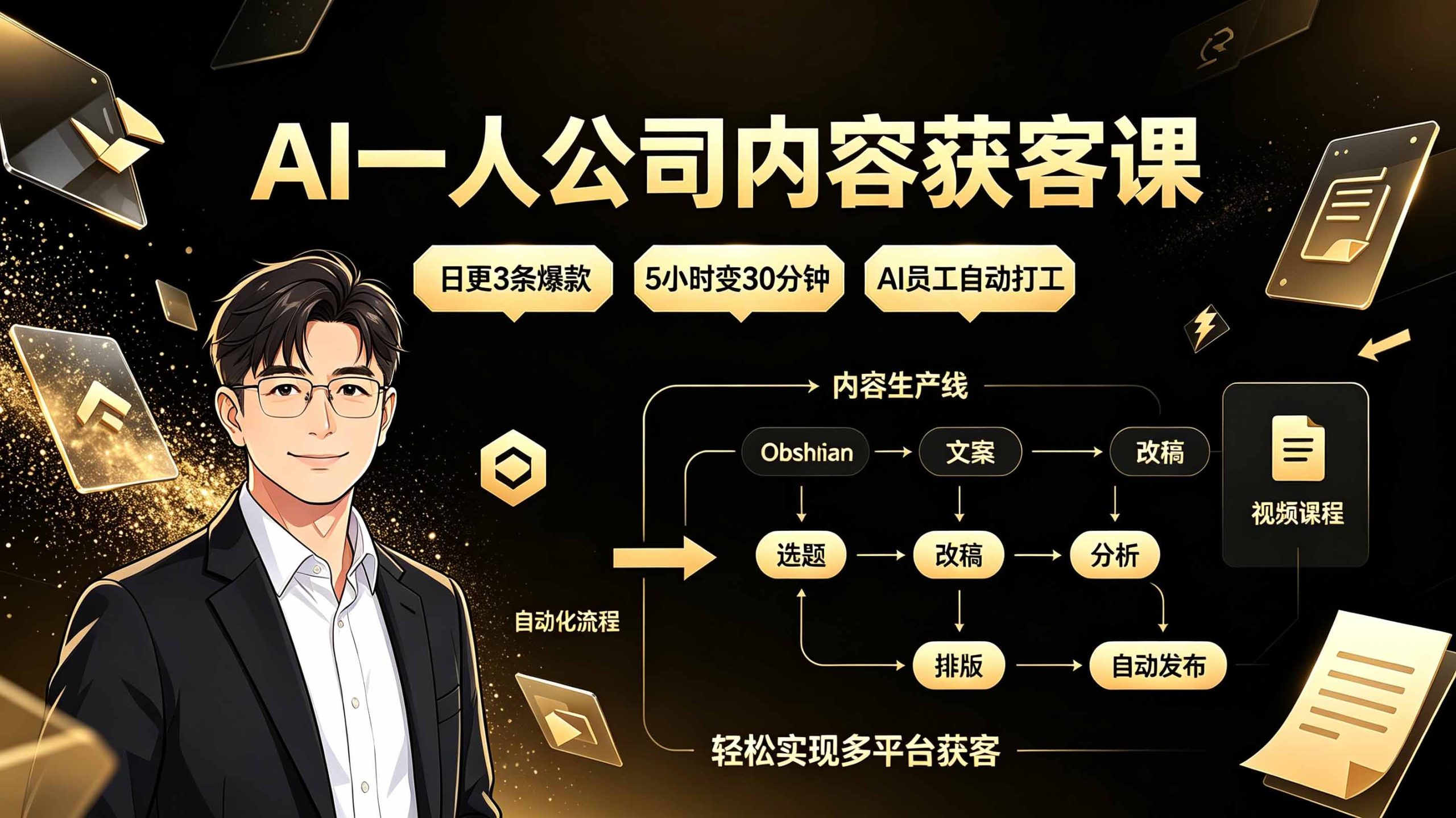 AI一人公司内容获客课:日更3条爆款×5小时变30分钟×AI员工自动打工,轻松实现多平台获客-聚业