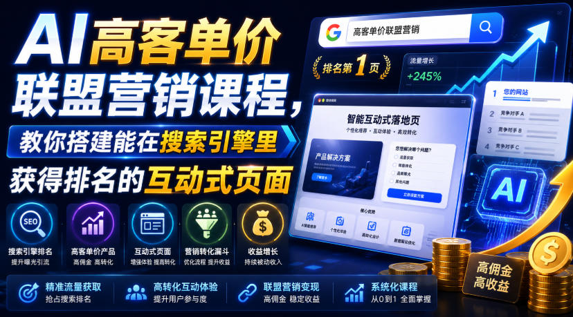 AI高客单价联盟营销课程,教你搭建能在搜索引擎里获得排名的互动式页面,引来流量,把访客转化为高佣金的成交【原创双语字幕】-聚业