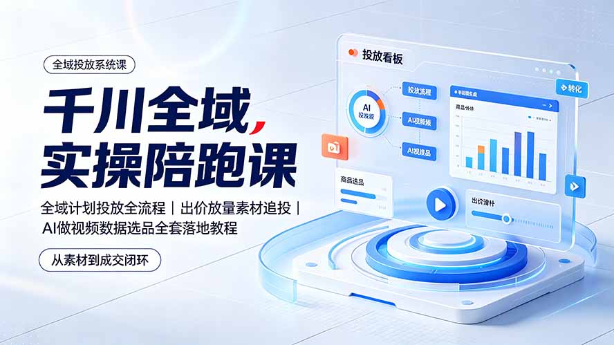 千川全域实操陪跑课:全域计划投放全流程|出价放量素材追投|AI做视频数据选品全套落地教程-聚业