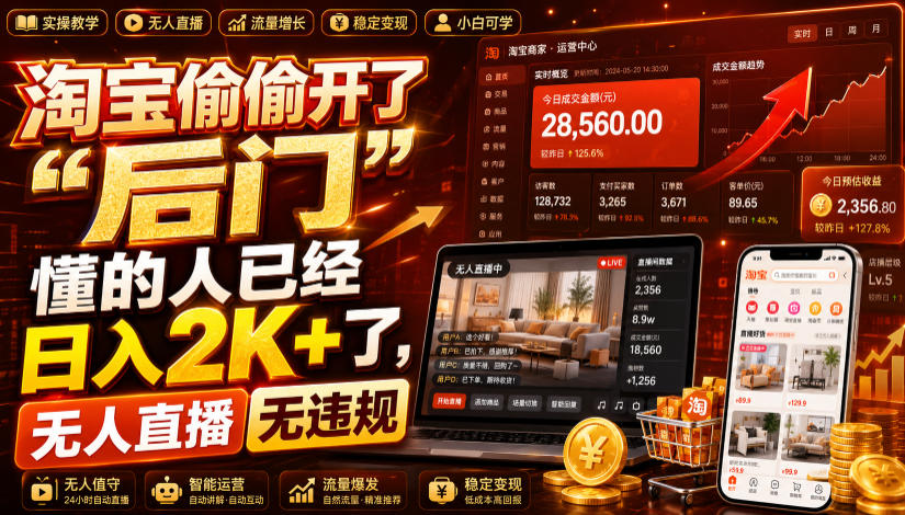 淘宝偷偷开了“后门”,懂的人已经日入2K+了,无人直播无违规,一台电脑=一家24小时营业的线上门店【揭秘】-聚业