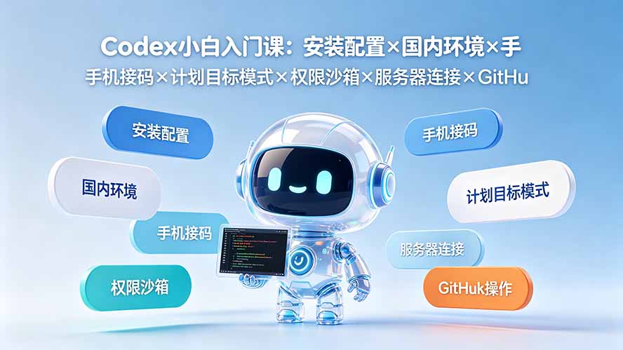 Codex小白入门课:安装配置×国内环境×手机接码×计划目标模式×权限沙箱×服务器连接×GitHub操作-聚业