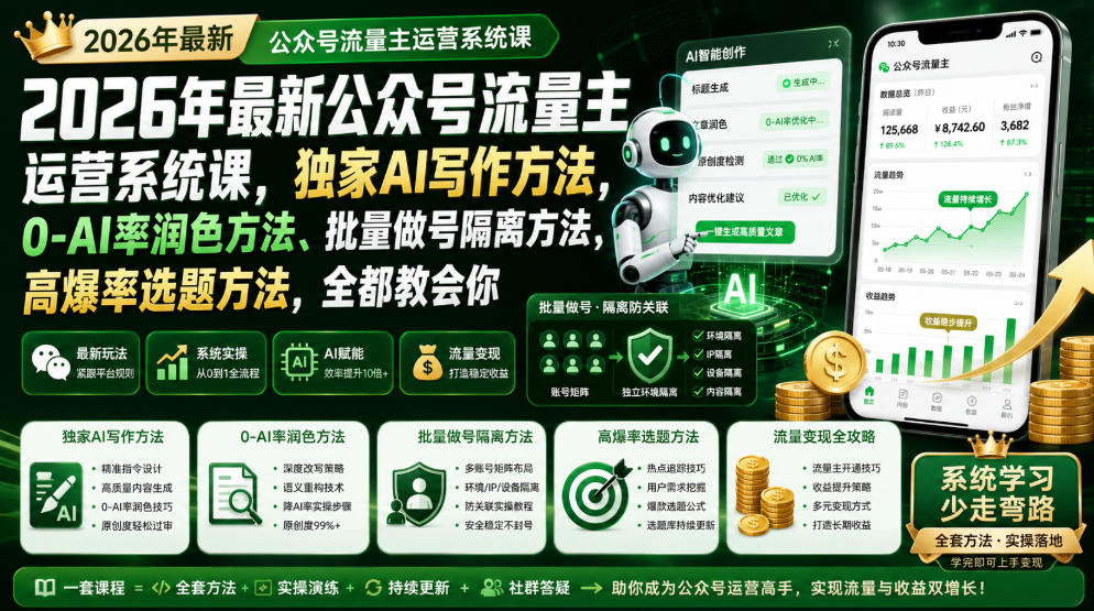 2026年最新公众号流量主运营系统课,独家AI写作方法,0-AI率润色方法、批量做号隔离方法、高爆率选题方法,全都教会你-聚业
