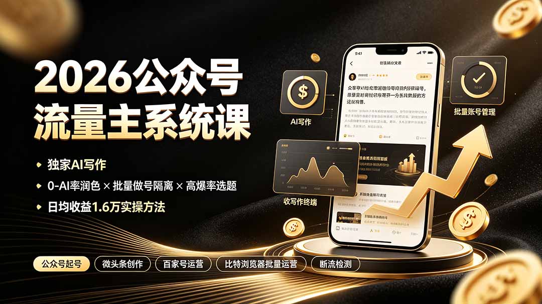 2026公众号流量主系统课:独家AI写作×0-AI率润色×批量做号隔离×高爆率选题,日均收益1.6万实操方法-聚业