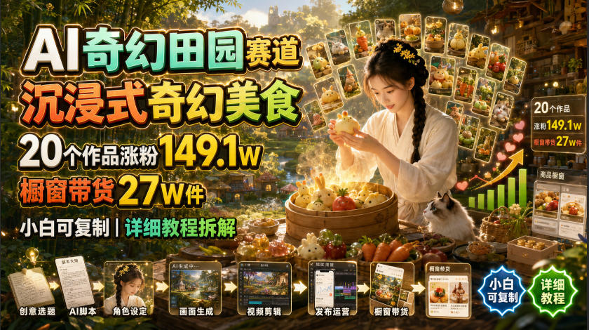 AI奇幻田园赛道,沉浸式奇幻美食,20个作品涨粉149.1W,橱窗带货27W件,小白可复制,详细教程拆解-聚业