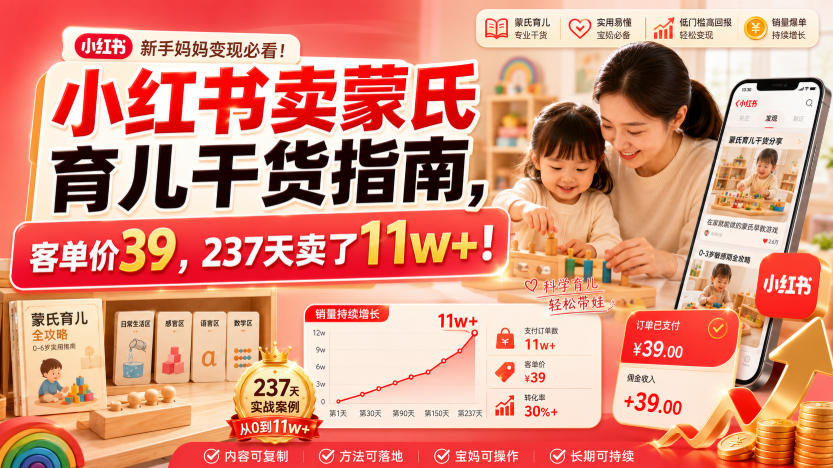 小红书卖蒙氏育儿干货指南,客单价39,237天卖了11w+!-聚业