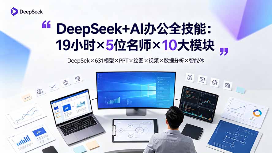 DeepSeek+AI办公全技能：19小时×5位名师×10大模块，DeepSeek×631模型×PPT×绘图×视频×数据分析×智能体-聚业