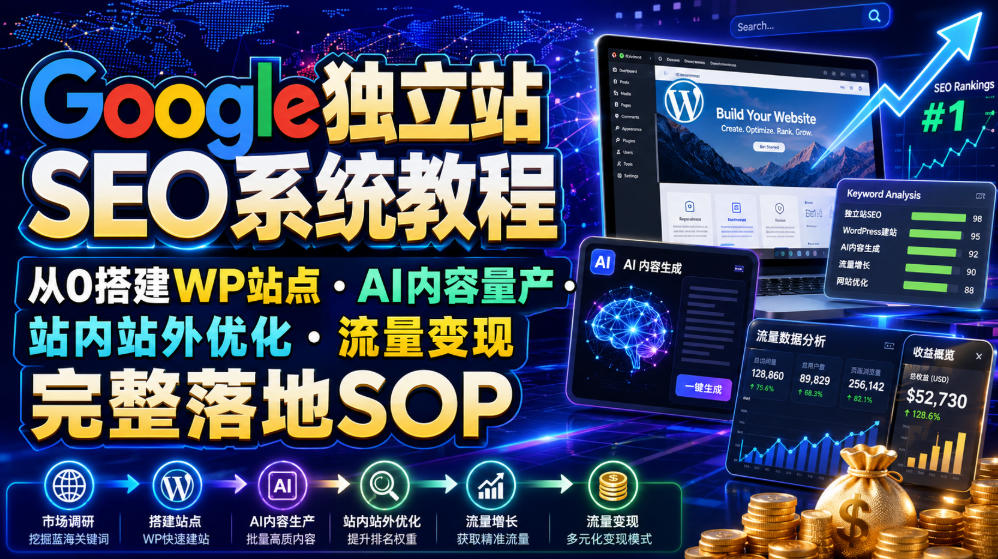Google独立站SEO系统教程，从0搭建WP站点・AI内容量产・站内站外优化・流量变现完整落地SOP(2026年7月)-聚业