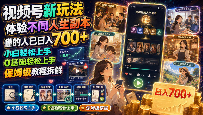 视频号新玩法体验不同人生副本，懂的人已日入700+，小白轻松上手，0基础轻松上手，保姆级教程拆解-聚业