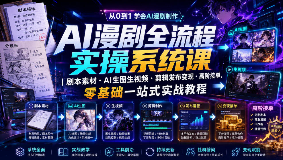 AI漫剧全流程实操系统课｜剧本素材・AI生图生视频・剪辑发布变现・高阶接单，零基础一站式实战教程-聚业