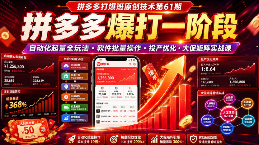 拼多多打爆班原创技术第61期,拼多多爆打一阶段,自动化起量全玩法・软件批量操作・投产优化・大促矩阵实战课-聚业