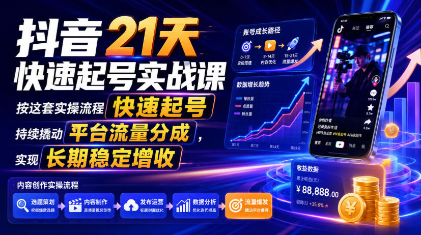 抖音21天快速起号实战课,按这套实操流程快速起号,持续撬动平台流量分成,实现长期稳定增收-聚业