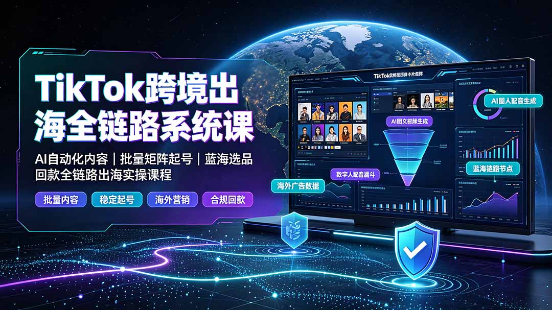 TikTok跨境出海全链路系统课-2026年7月:AI自动化内容|批量矩阵起号|蓝海选品回款全链路出海实操课程-聚业
