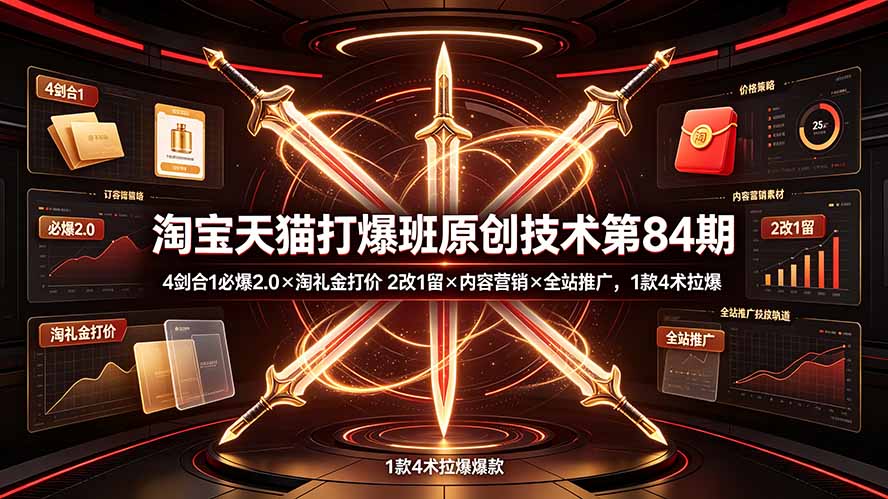 淘宝天猫打爆班原创技术第84期:4剑合1必爆2.0×淘礼金打价×2改1留×内容营销×全站推广,1款4术拉爆-聚业