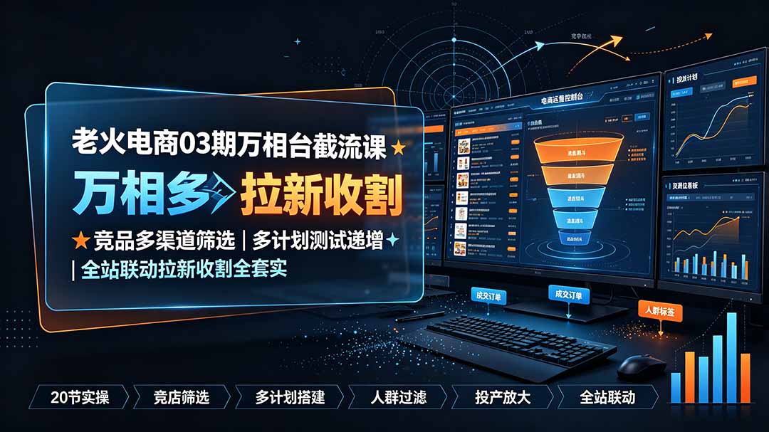 老火电商03期万相台截流课:竞品多渠道筛选|多计划测试递增|全站联动拉新收割全套实操教学-聚业