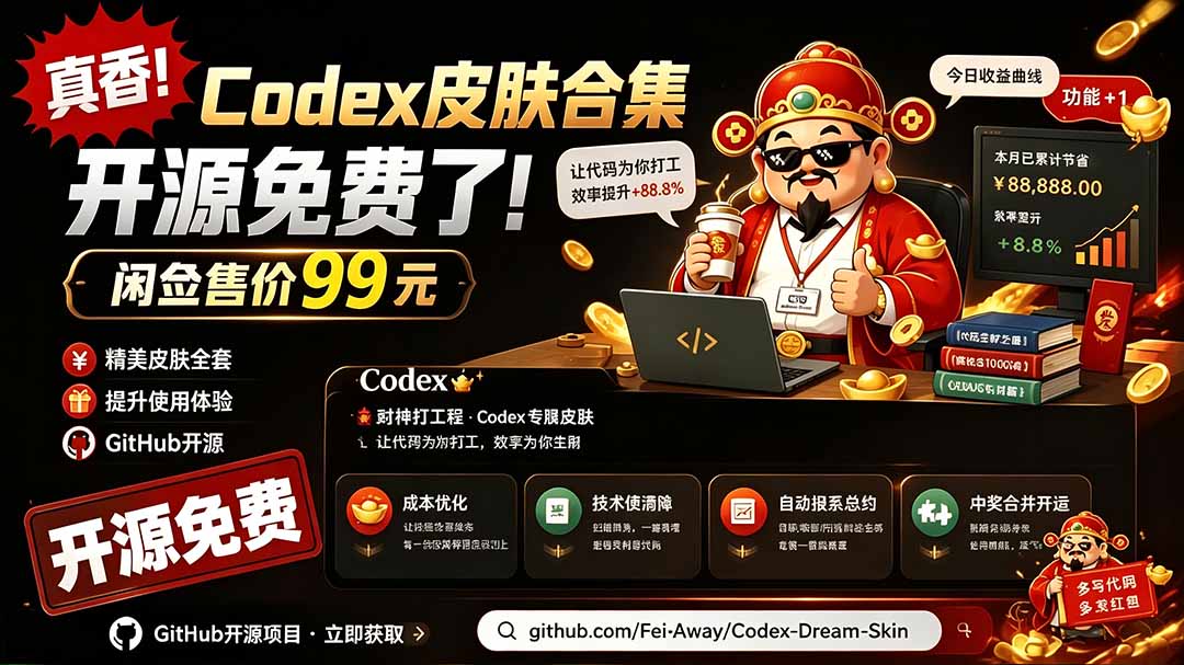 闲鱼售卖99元的Codex皮肤包,GitHub 免费开源了!让你的codex变成精美界面 Codex Dream Skin-聚业