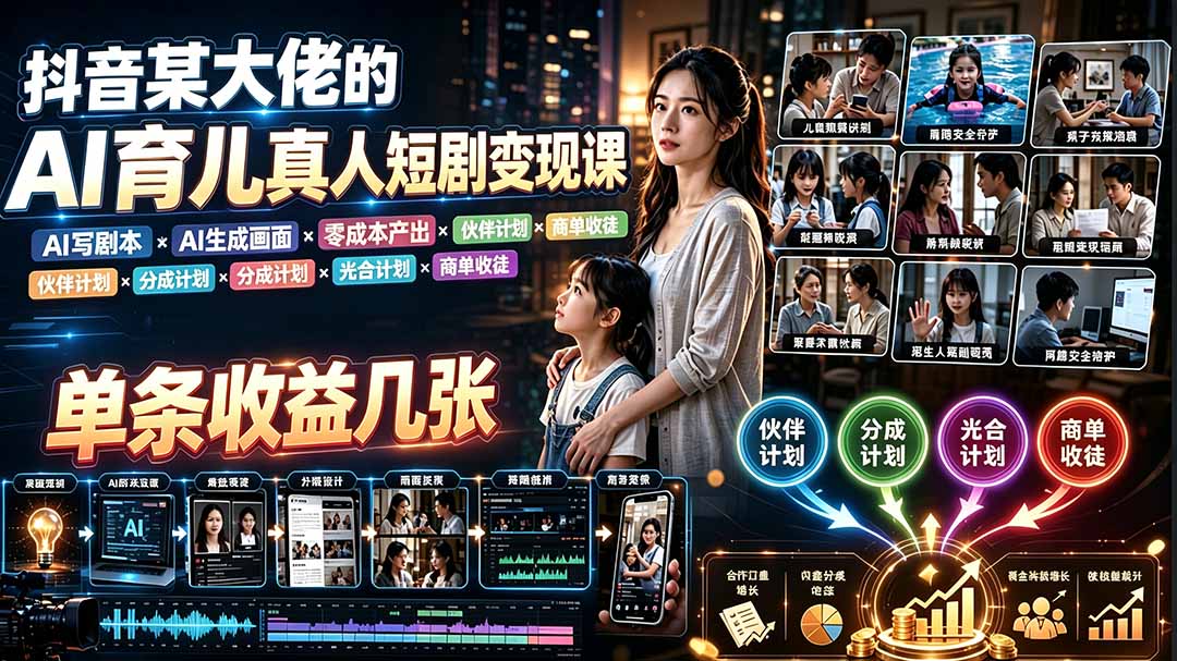 AI育儿真人短剧变现课:AI写剧本×AI生成画面×零成本产出×伙伴计划×分成计划×光合计划×商单收徒-聚业