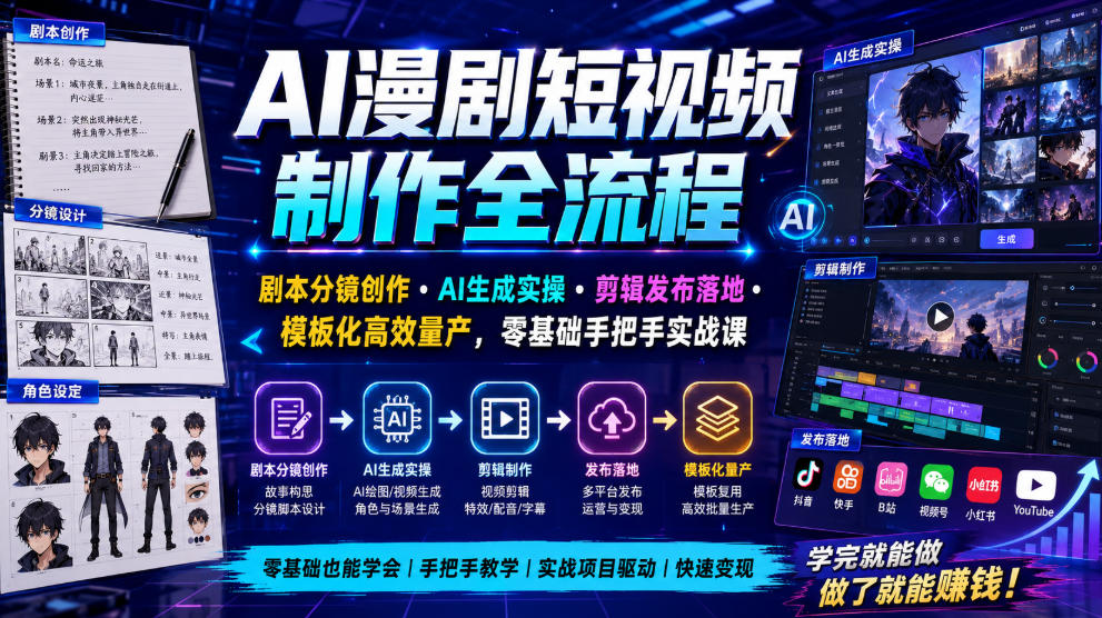 AI漫剧短视频制作全流程|剧本分镜创作・AI生成实操・剪辑发布落地・模板化高效量产,零基础手把手实战课-聚业