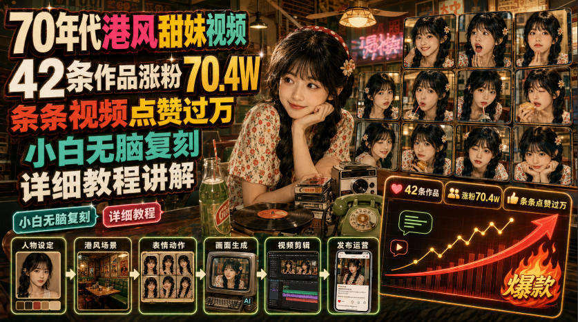 70年代港风甜妹视频,42条作品涨粉70.4W,条条视频点赞过万,小白无脑复刻,详细教程讲解-聚业