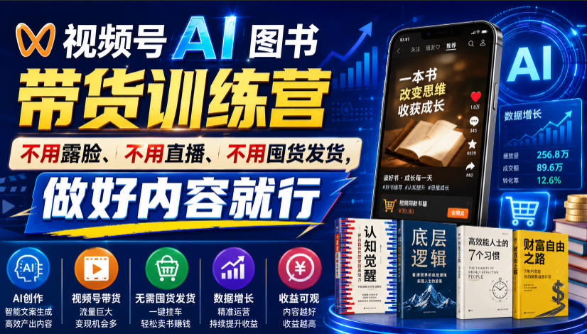 视频号AI图书带货训练营,不用露脸、不用直播、不用囤货发货,做好内容就行,一条爆款视频佣金8942-聚业