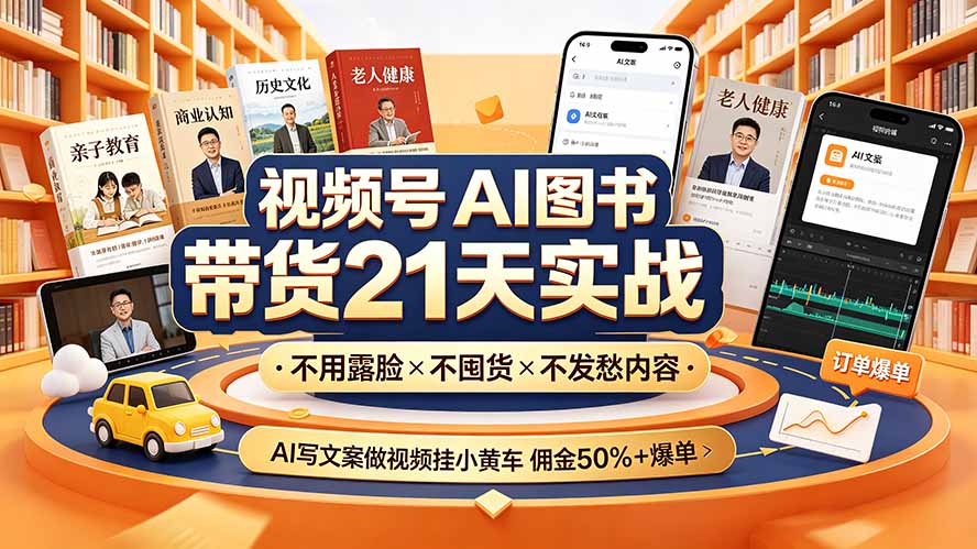 视频号AI图书带货21天实战:不用露脸×不囤货×不发愁内容,AI写文案做视频挂小黄车,佣金50%+爆单-聚业