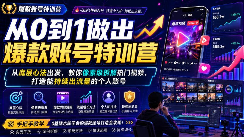 从0到1做出爆款账号特训营,从底层心法出发,教你像素级拆解热门视频,打造能持续出流量的个人账号-聚业