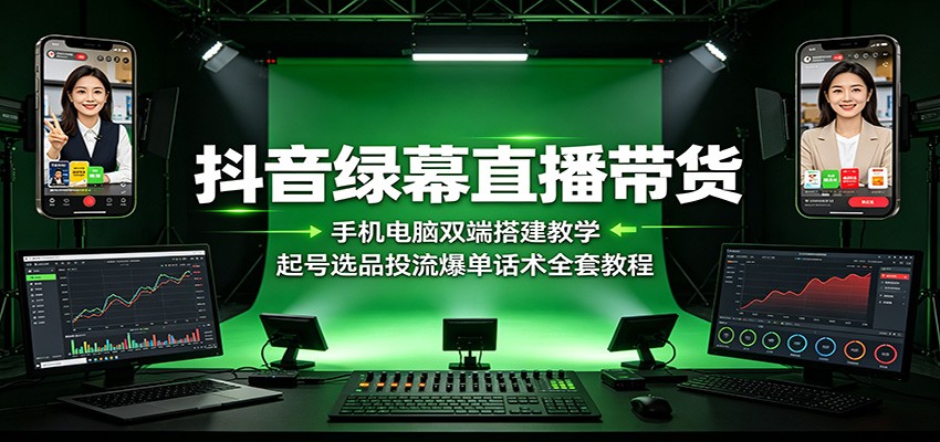 抖音绿幕直播带货:手机电脑双端搭建教学,起号选品投流爆单话术全套教程-聚业