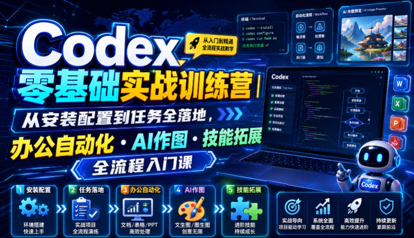 Codex零基础实战训练营|从安装配置到任务全落地,办公自动化・AI作图・技能拓展全流程入门课-聚业